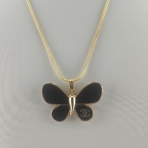 Authentic CHANEL Gold and Black Butterfly Pendant 18k Gold Necklace Both Stamped